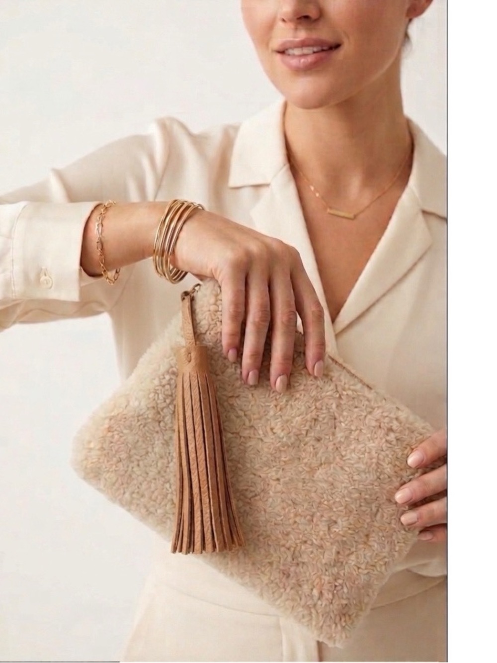 New Margot Sherpa Wristlet Bag Large 100% Leather Tassel & Leather Trim